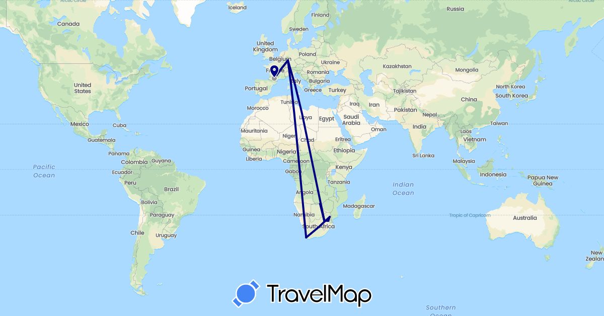 TravelMap itinerary: driving, plane in Germany, France, South Africa, Zimbabwe (Africa, Europe)